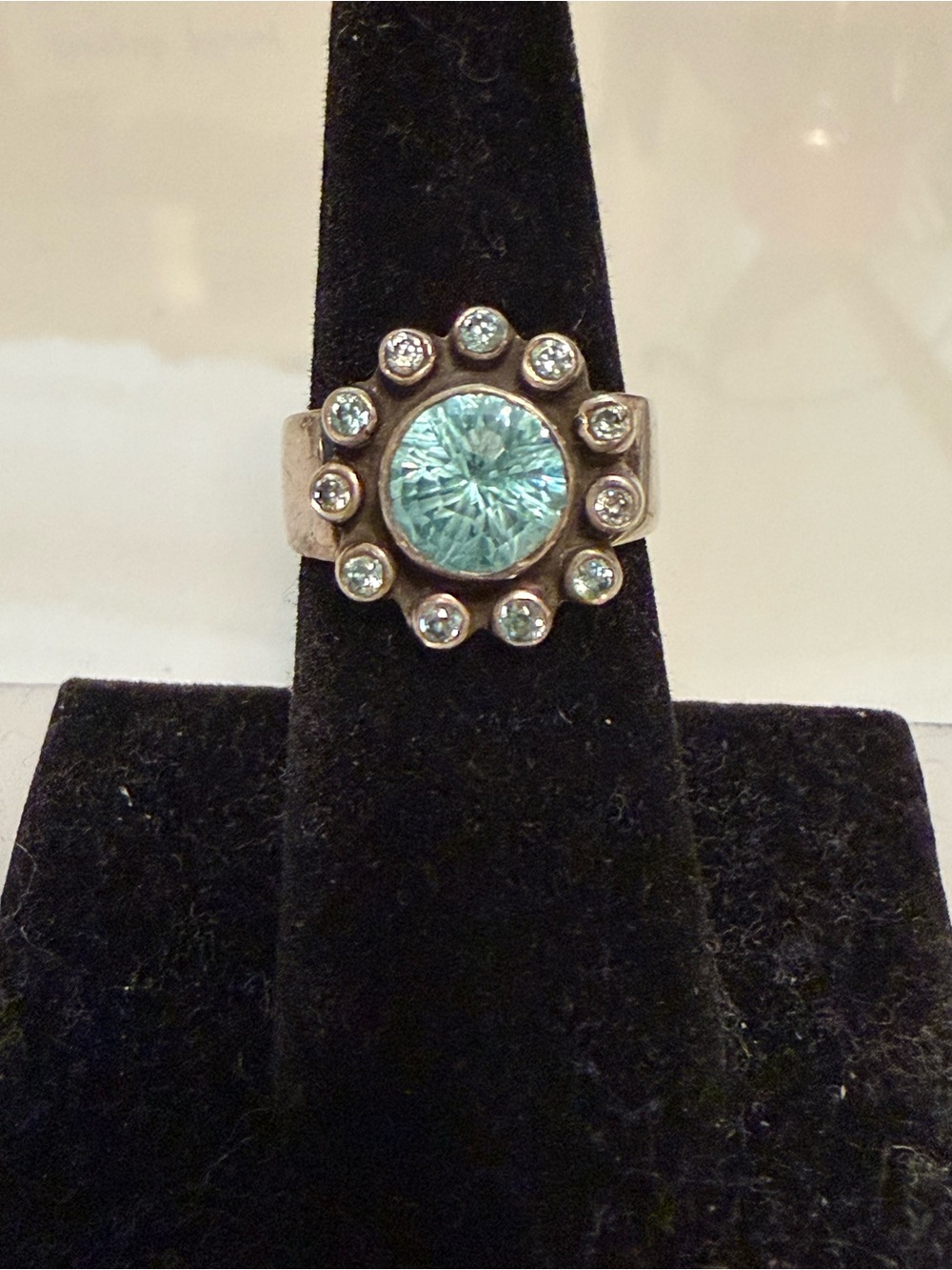 Vintage Sterling silver KumKum ring with blue topaz